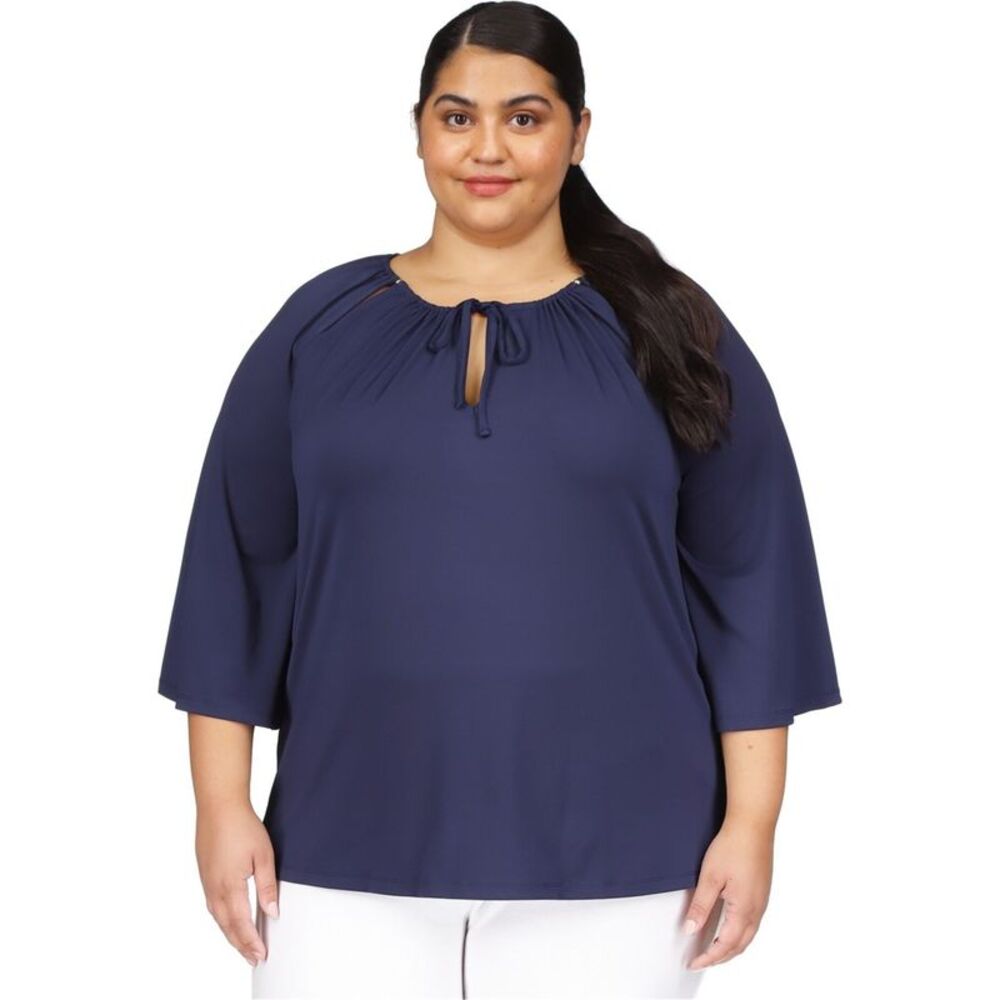 Michael Kors Womens Keyhole Peasant Blouse, Blue, Plus Size, 1X, DM
